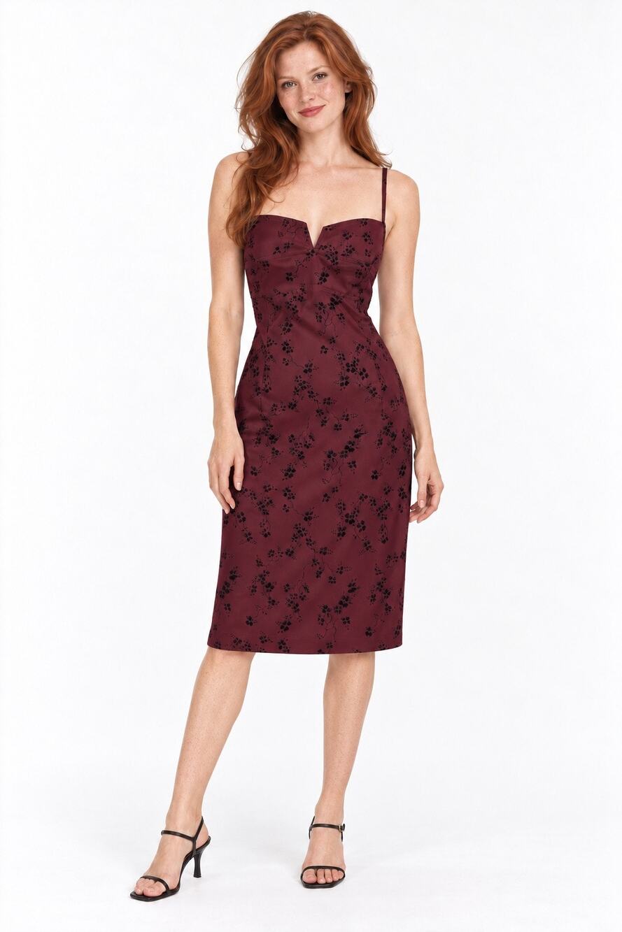 Vintage Y2K La Belle Burgundy & Black Floral Print Sleeveless Bodycon Midi Dress